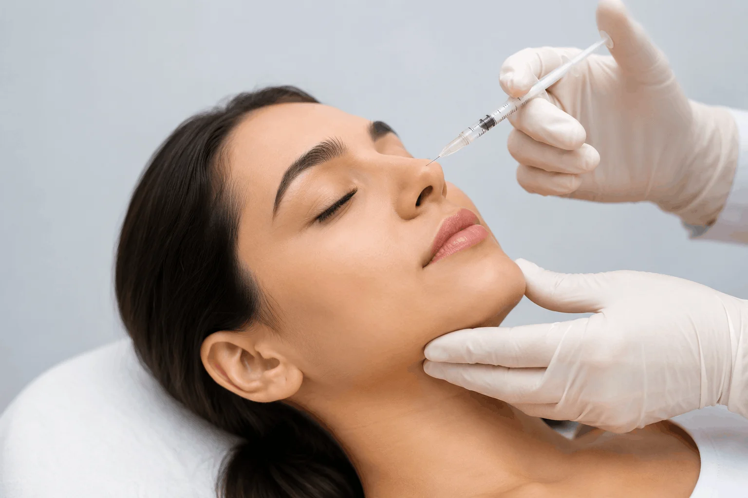 Medical professional performing a non-surgical rhinoplasty procedure